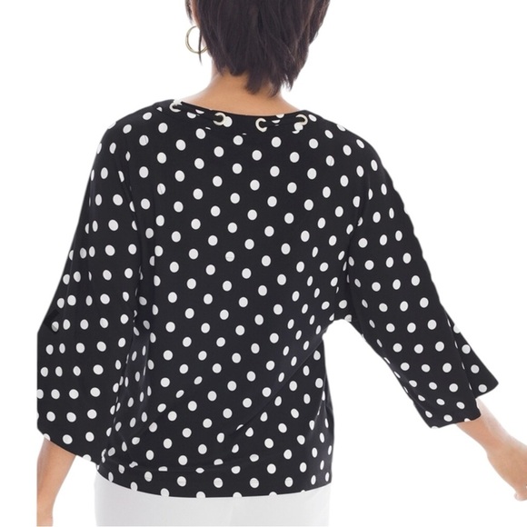 CHICOS BLACK & WHITE POLKA DOT 3/4 SLEEVE BLOUSE SZ SM - Picture 2 of 12